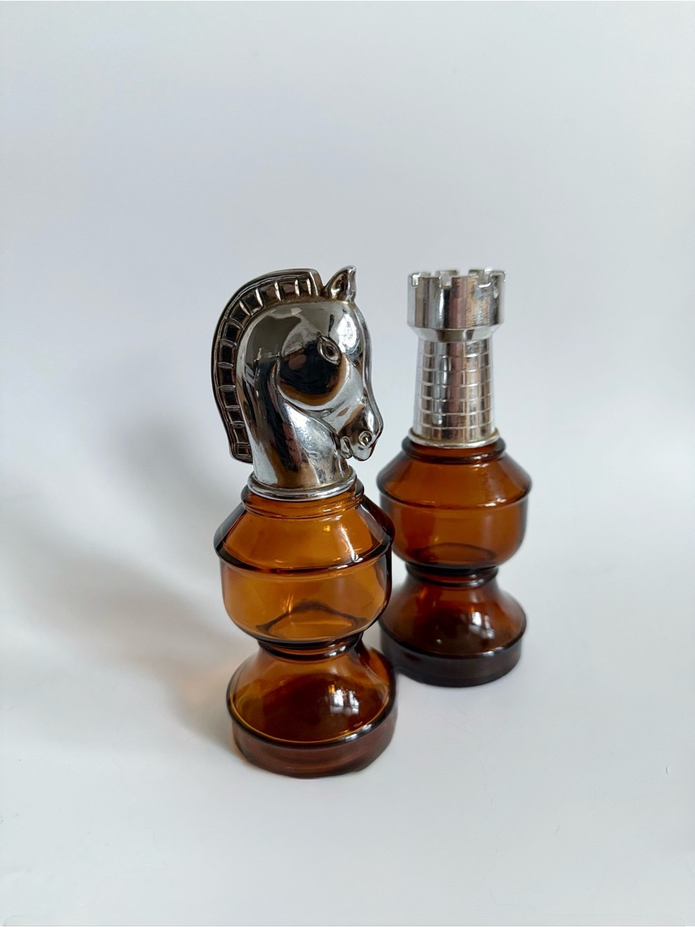 Vintage Avon Chess Piece Bottle Set in Amber Glass with Silver-Tone Tops